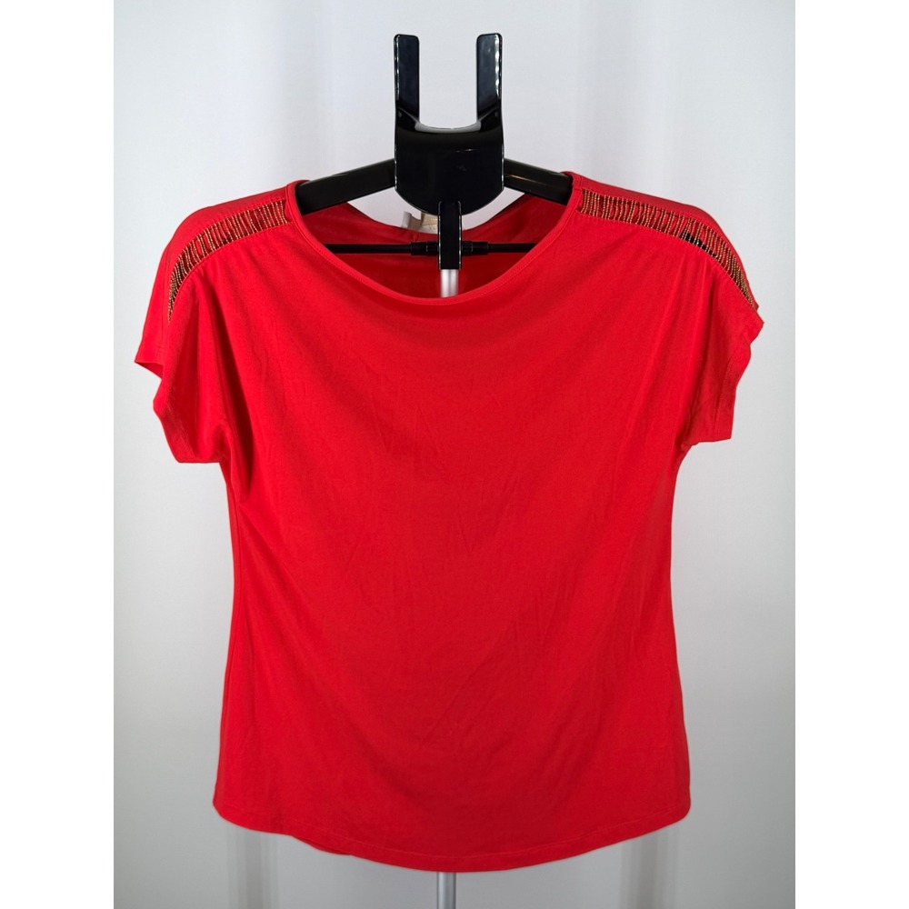 Michael Kors Red Chain Bead Shoulder Boat Neck Top XS Short Sleeve Jersey Blouse